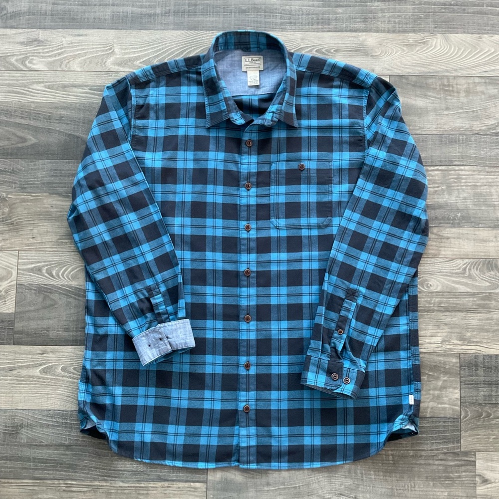 LL Bean BeanFlex All Season Flannel Shirt Men XL TALL Blue Black Untucked 513683